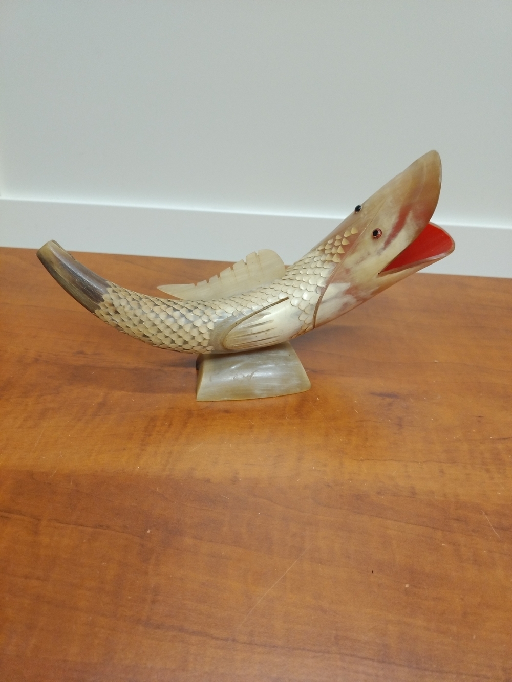Vintage hand-carved fish sculpture made from genuine cow or bull horn